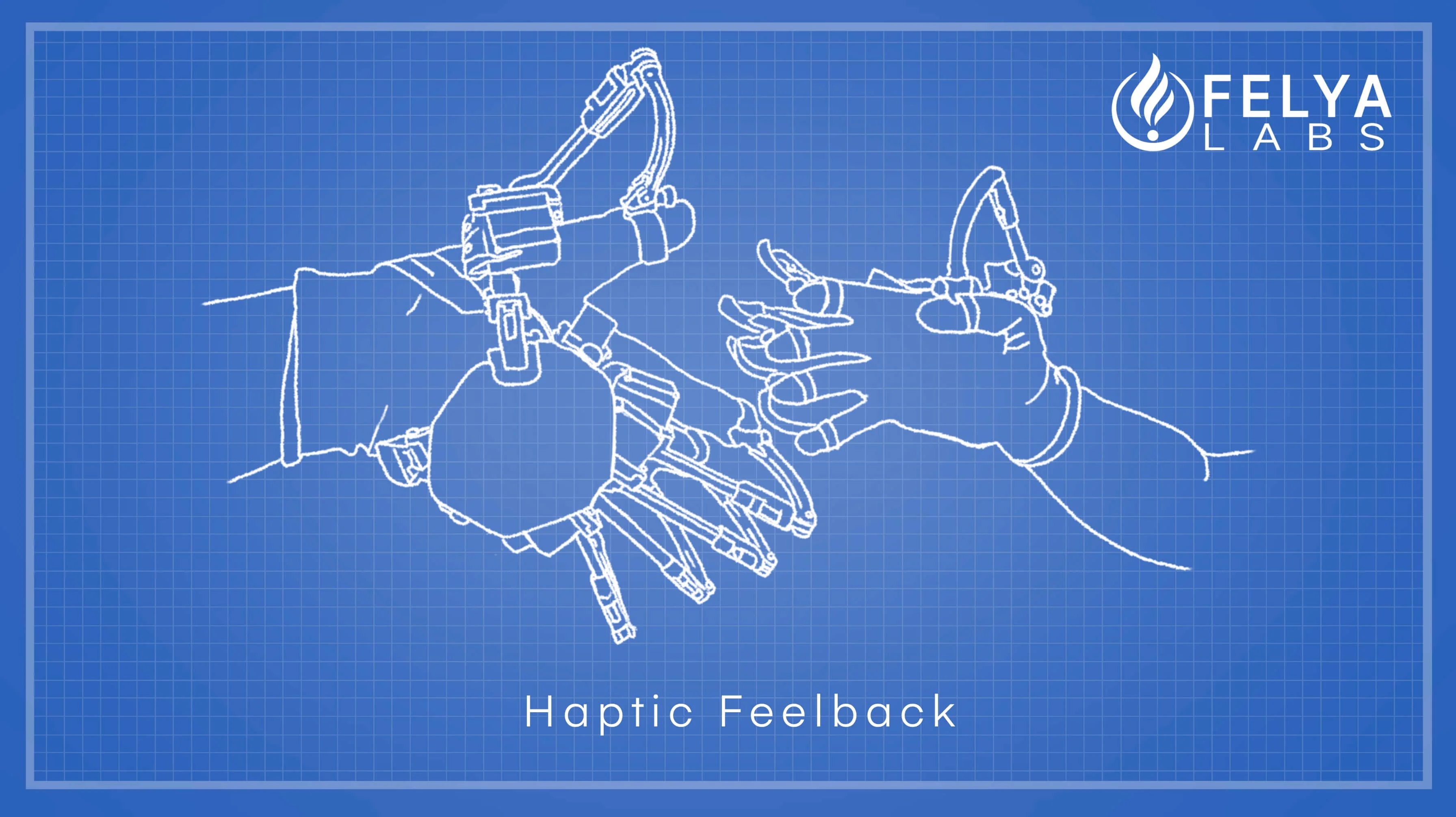 Blueprint-style diagram captioned Haptic Feedback, showing a haptic glove mirroring the motion of another hand.