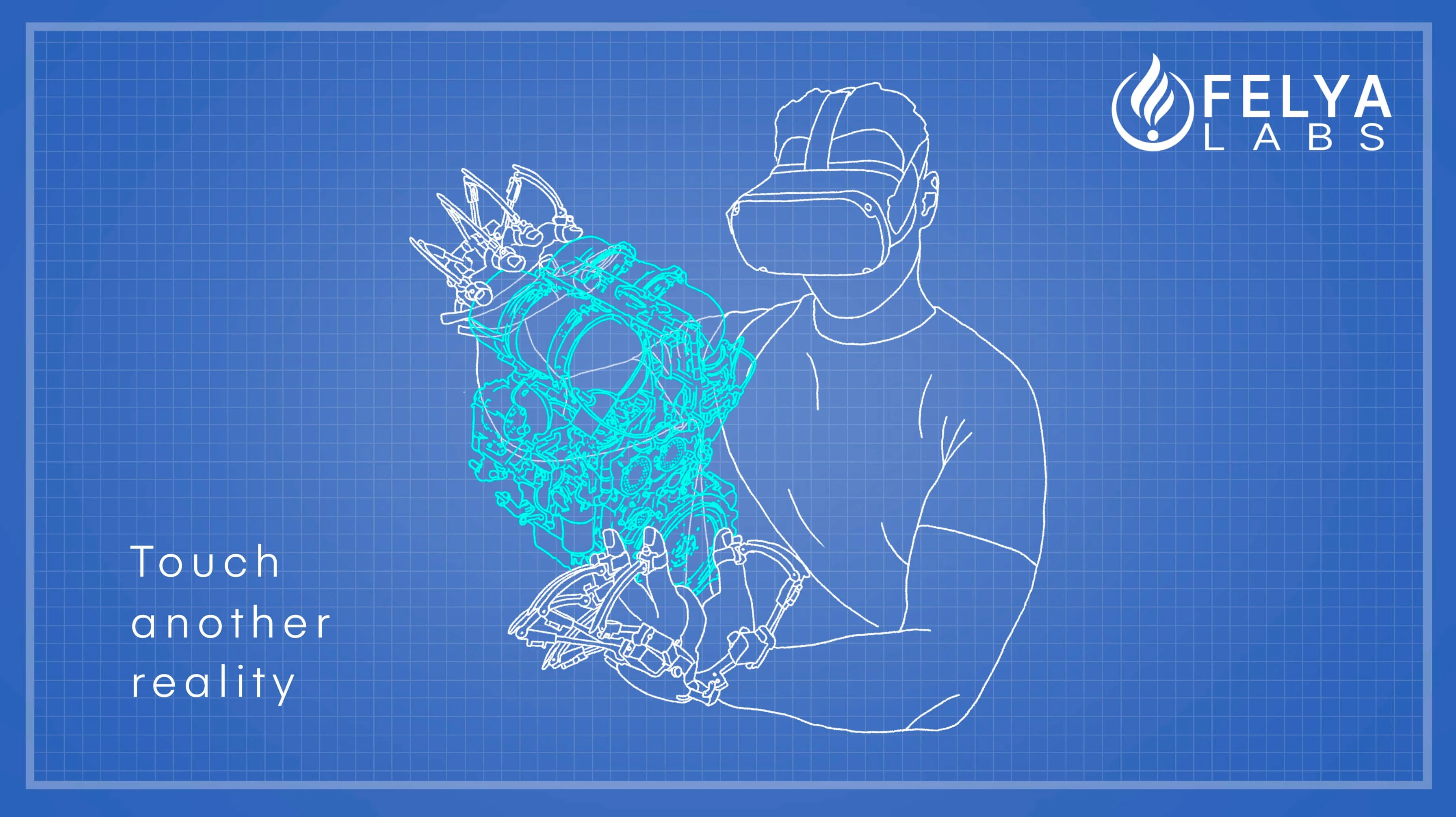 Blueprint-style diagram captioned Touch another reality, showing a VR user holding a detailed haptic glove.