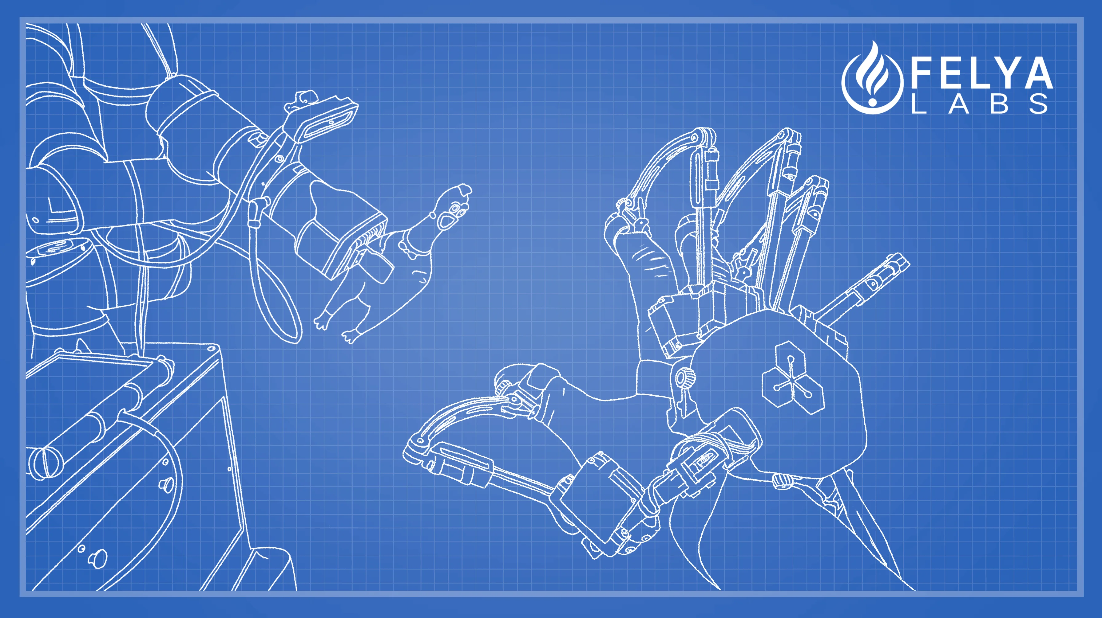Blueprint-style diagram showing a robotic arm interacting with an object while a haptic glove controls the remote movement.