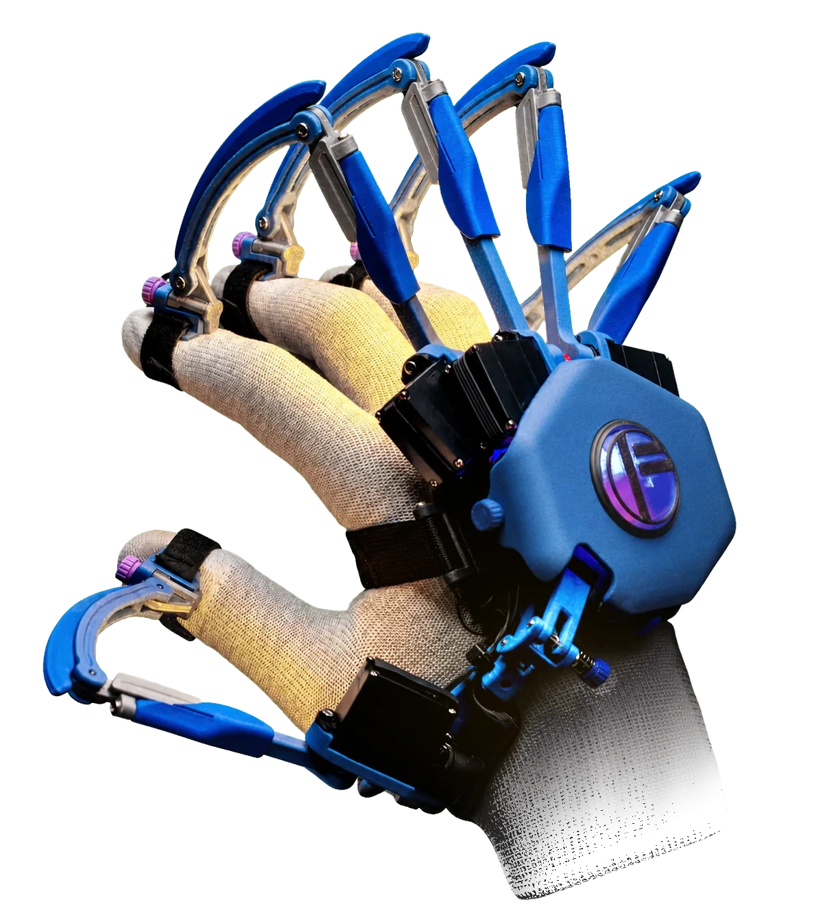 Close-up of the FELYA LABS haptic glove with blue finger mechanisms over a fabric glove.